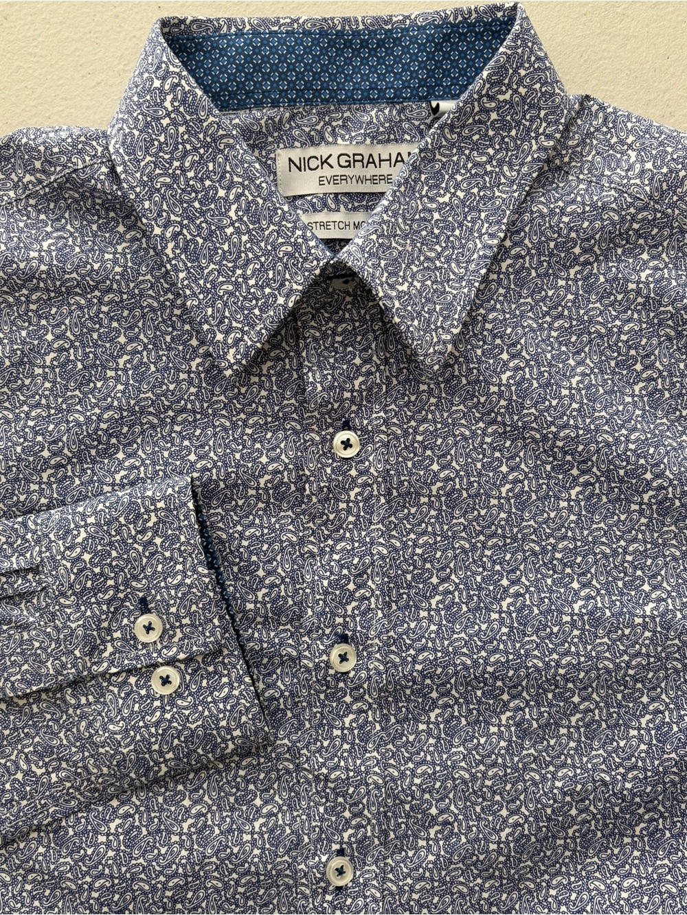 Nick Graham Blue White Paisley Print Cotton Long Sleeve Button Up Shirt - Picture 1 of 7